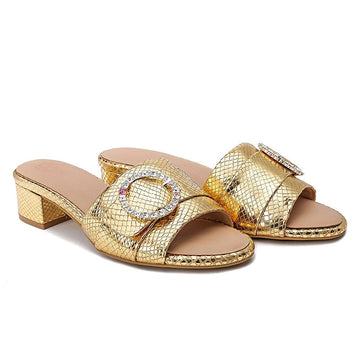 Goddess Gold Leather Sandals Crystal Buckle Slides- HOPE ROSA 34